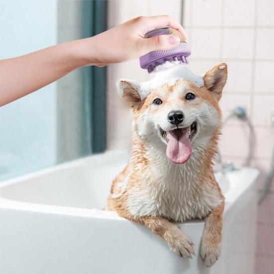 Kedi Köpek Banyo Fırçası - 2’si 1 Arada Pet Yıkama Fırçası Şampuan Dispenseri ile - Yumuşak Fırça Kafası 